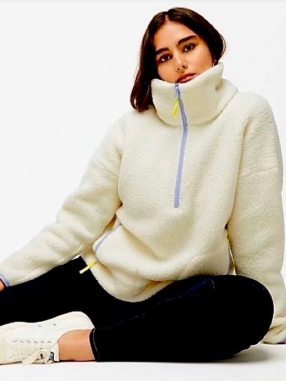 J. Crew Womens Small Sweatshirt  Cream Sherpa Fleece Funnel Neck Half Zip Cozy